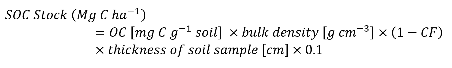 SOC Stock (Mg C 〖ha〗^(-1) )=OC [mg C g^(-1) soil] ×bulk density [g 〖cm〗^(-3) ]×(1-CF) ×thickness of soil sample [cm]×0.1